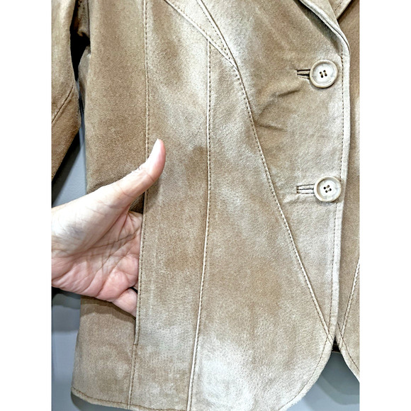 Women's 90s Suede leather Jacket Blazer Tan Beige feminine stitch detail Sz-4 - Picture 5 of 8